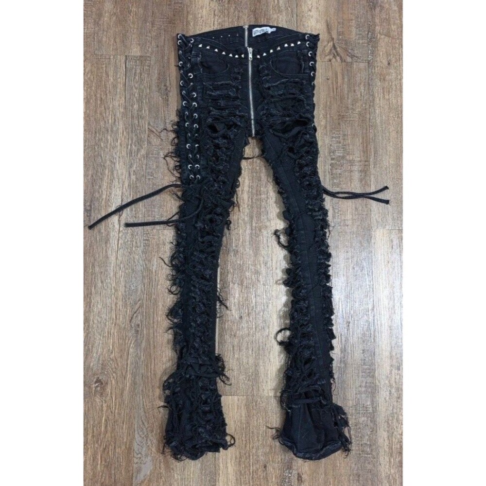 Earth Ritual Black Distressed Lace-Up Studded Jeans Size Small Goth Punk